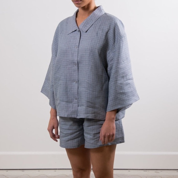 New Sonderhaus Linen Shorts Blue Check Medium - Picture 2 of 3